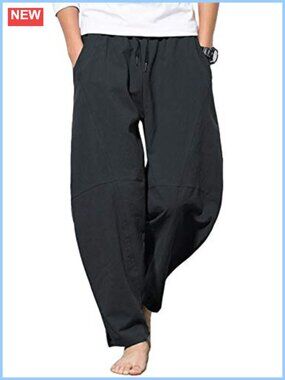 Men's Cotton Linen Drawstring Pants Elastic Waist Casual Summer Beach Pants